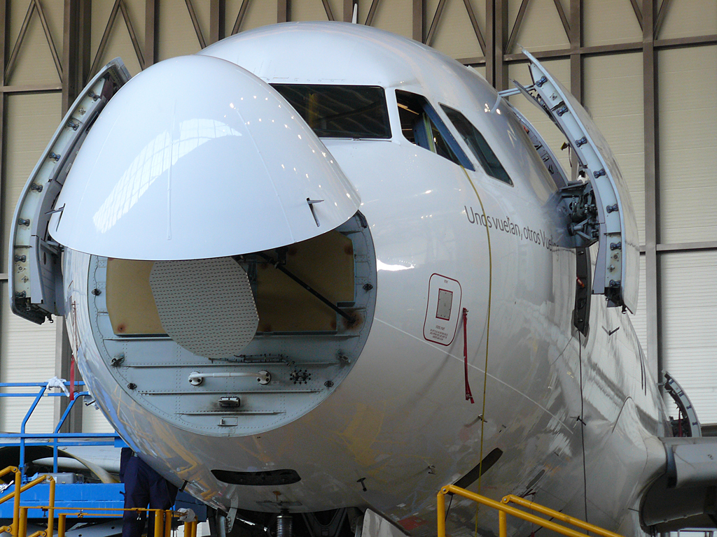 Aircraft undergoing maintenance in an aviation hangar